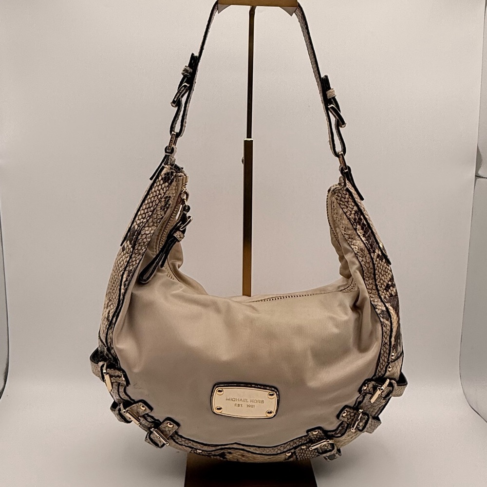 Michael Kors Snakeskin Trim Nylon Hobo Shoulder Bag Gold Hardware